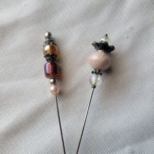 Two Antique Glass Beaded Hatpins Victorian Art Nouveau Pair Gold tone romantic